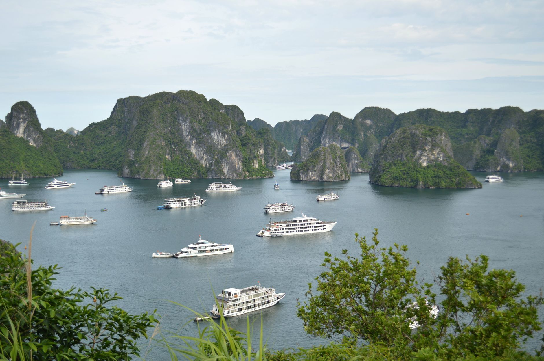 Limestone karsts rising from the water at Ha Long Bay in northern Vietnam