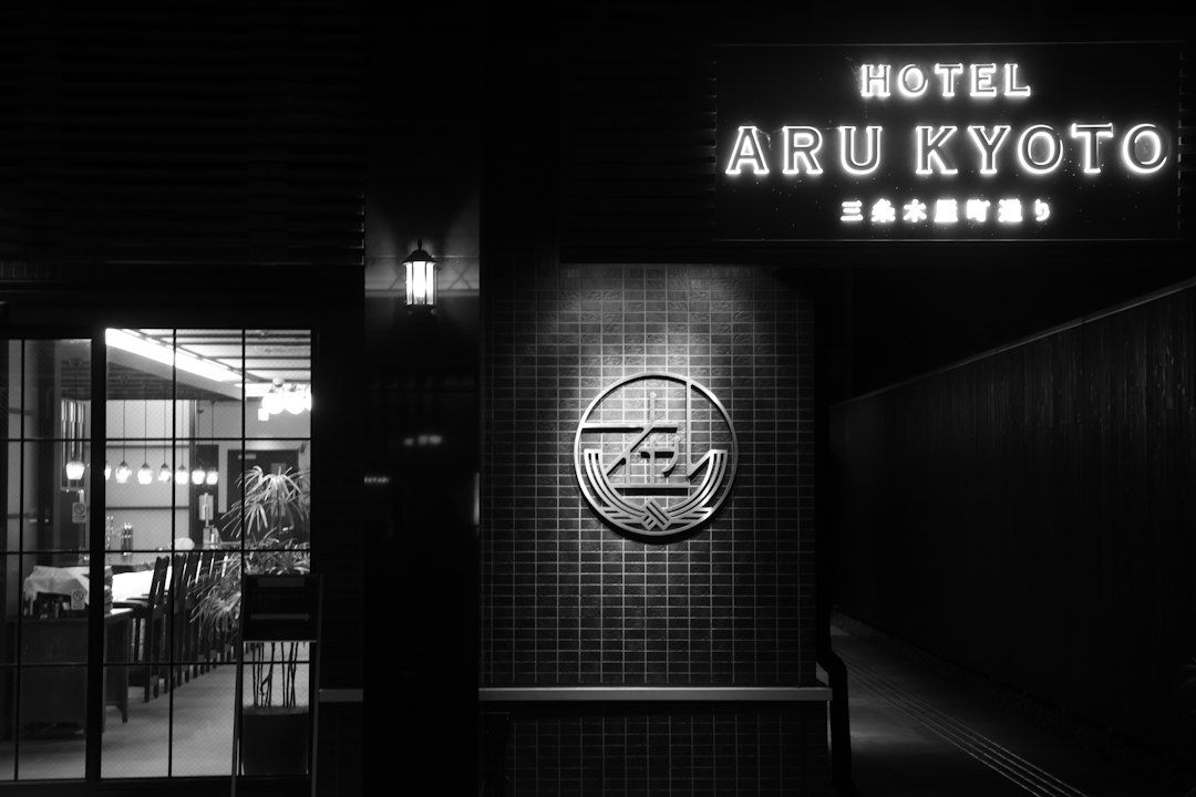 Modern concrete and timber hotel cafe interior in Kyoto